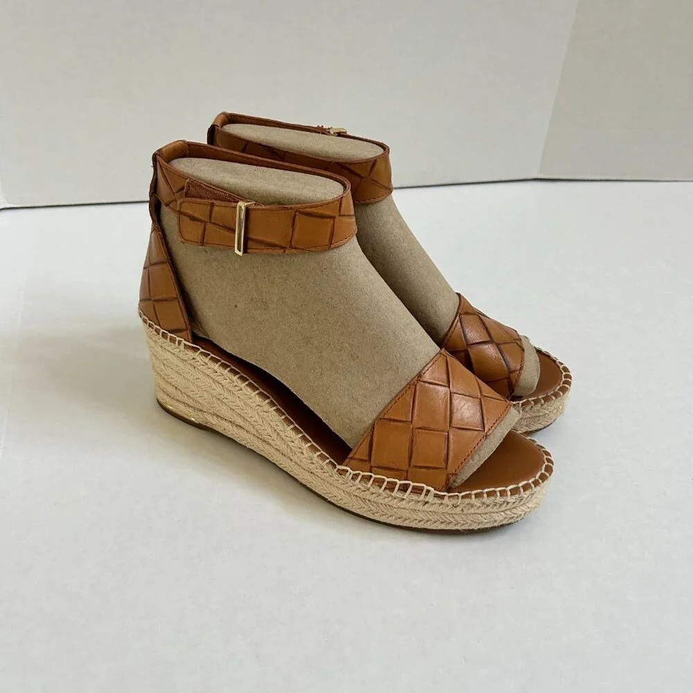 Size 11 Women's Brown Leather Franco Sarto Clemens Wedge Espadrille Sandals - Picture 2 of 9